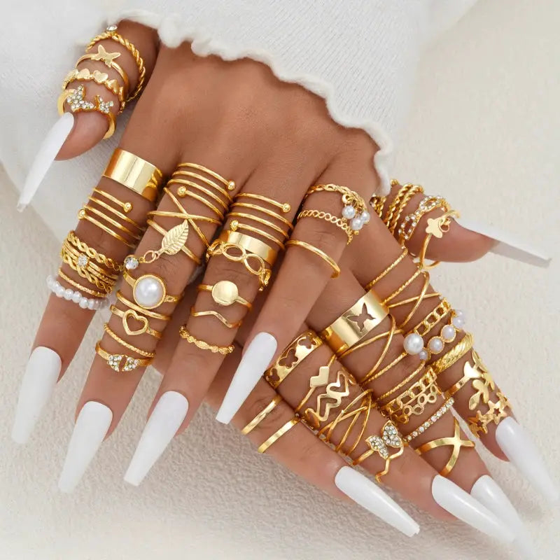 58 Piece Vintage Heart Snake Butterfly Rings Set For Women Gold Plated Geometric Hollow Finger Rings Jewelry Gifts New