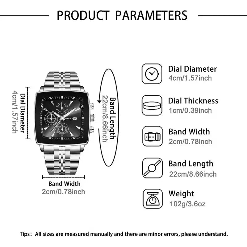 Luxury square-dial men's quartz wristwatch with stainless steel band and calendar
