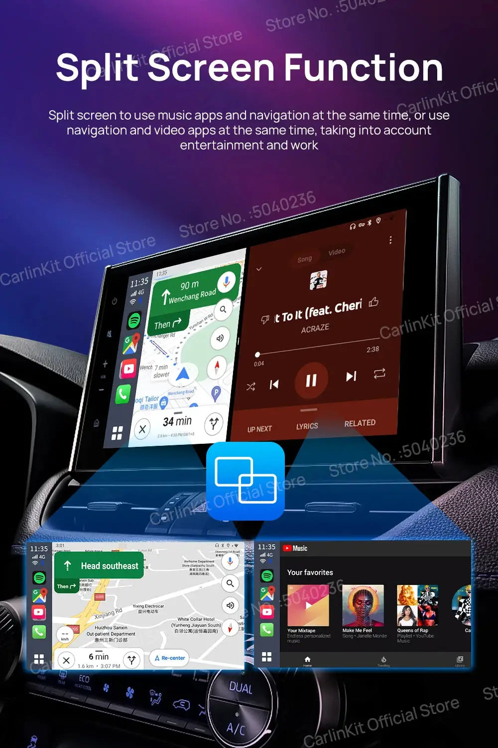 Android 13 CarlinKit wireless Android Auto/CarPlay TV box by Simples Market, split-screen, 64/128GB