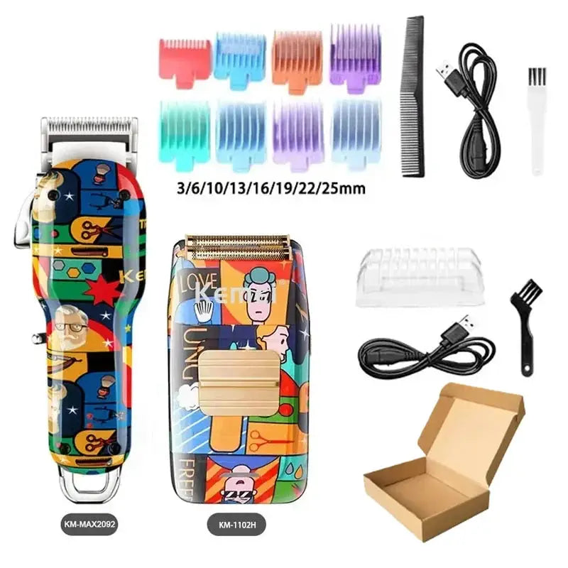 Kemei graffiti-pattern hair clipper KM-MAX2092 and KM-1102H by Simples Market with guards, USB cable, brush