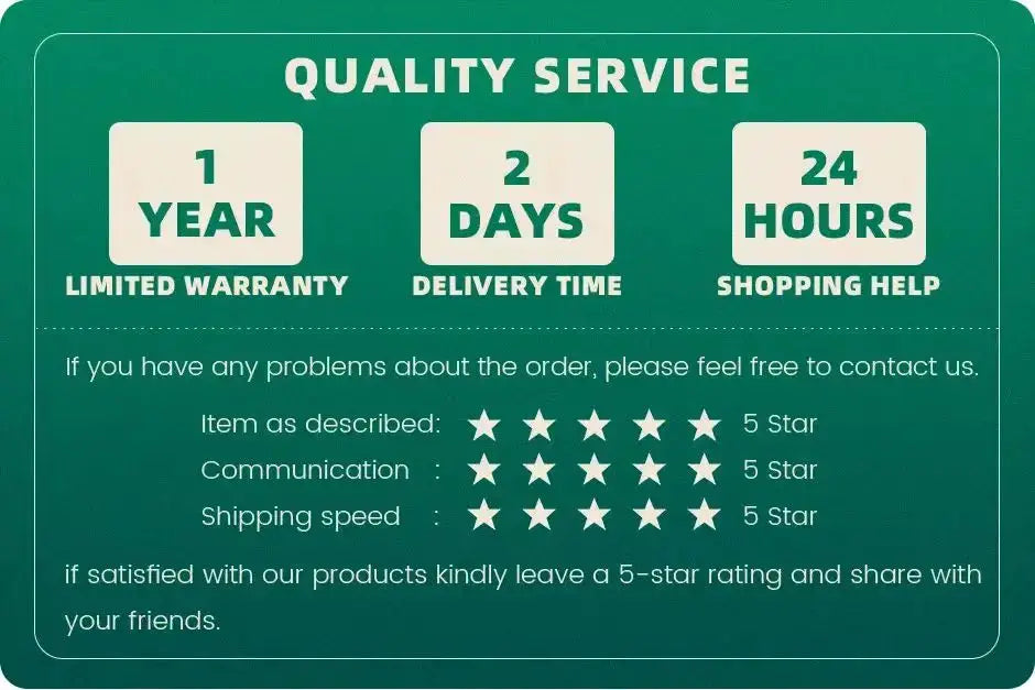 Quality service banner with 3 features: 1 year warranty, 2 days delivery, 24 hours help