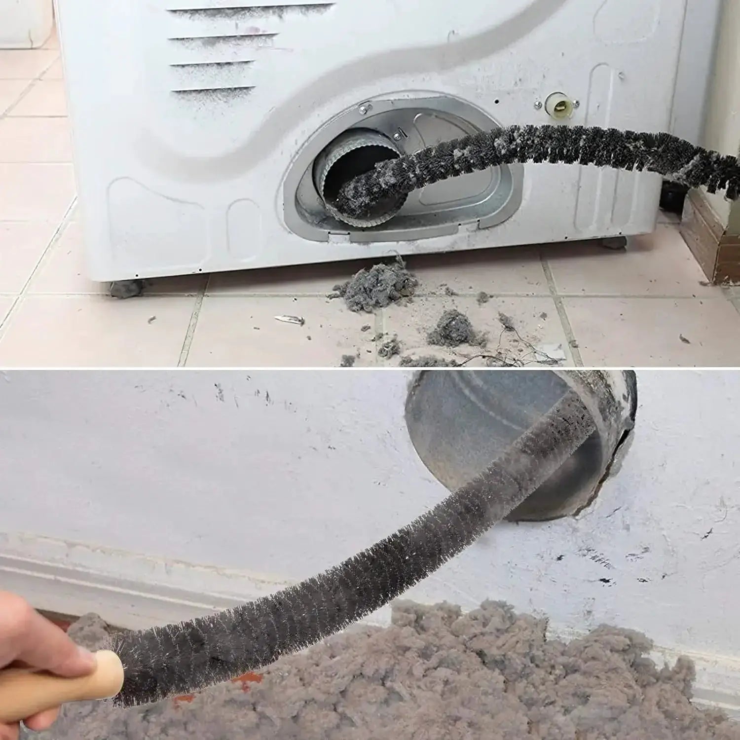 Flexible long cleaning brush with black bristles for washing machines, dryers and pipes.