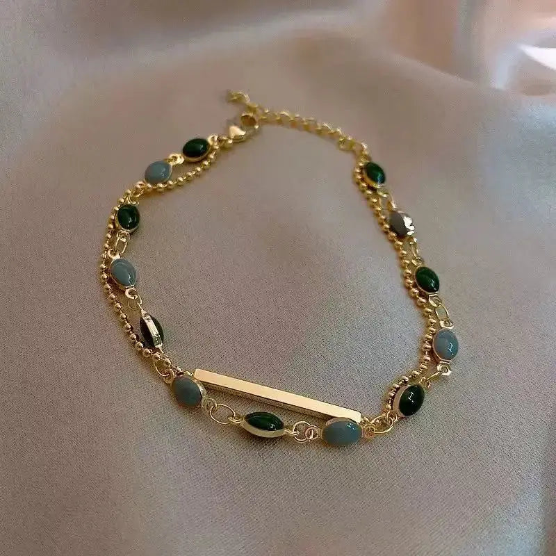 Luxury Love Gold Tone Hotan Jade Ladies Bracelet Leaf Motif Double Layer Jewelry Gift For Women