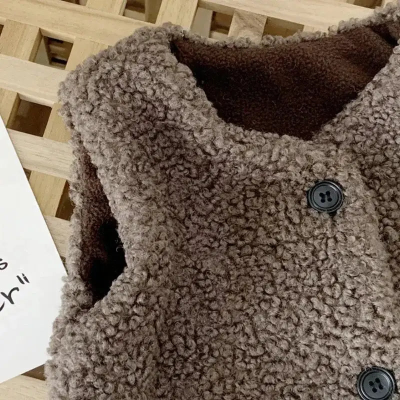 Autumn Winter Baby Lamb Wool Velvet Waistcoat For Girls And Boys Plush Vest Single Breasted V Neck Warm Coat