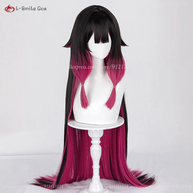 Columbina cosplay wig: black base with pink-ombre ends, twin ponytails, heat-resistant synthetic hair, wig cap, l-Smile