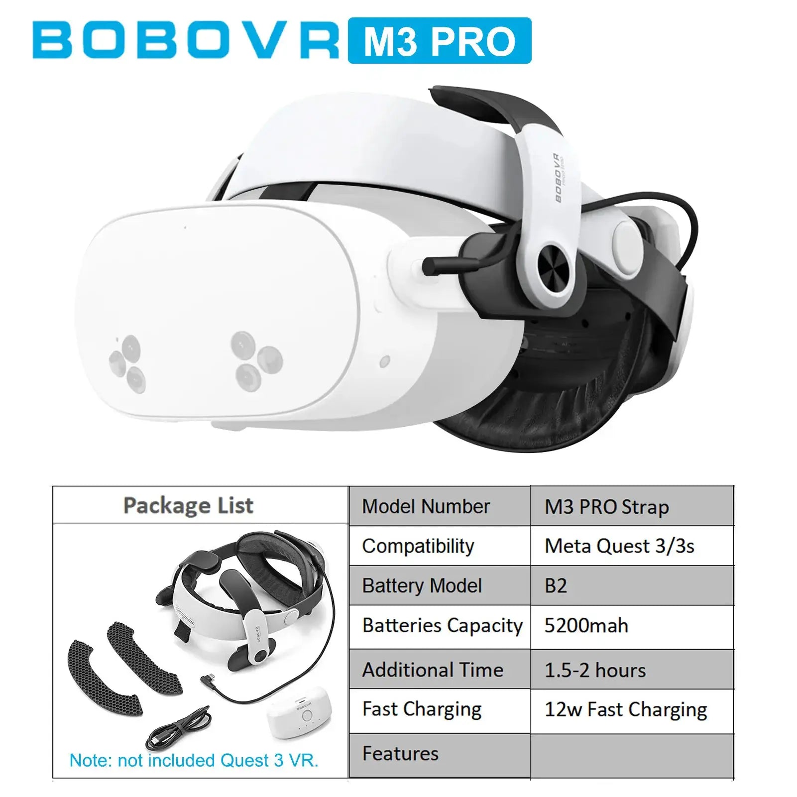 BOBOVR M3 PRO battery head strap for Meta Quest 3/3s; white with black accents, adjustable fit, logo visible.