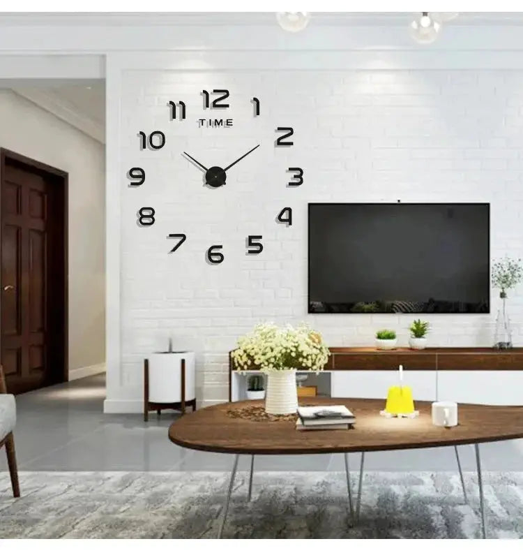 Simples Market large wall clock with 3D black numerals on a white brick wall for modern living room decor.