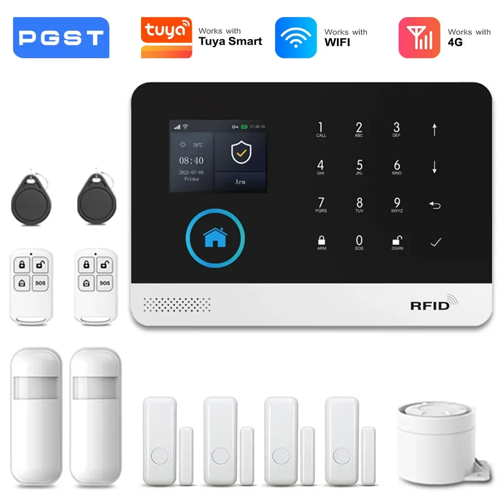 PGST 4G/2G WiFi GSM wireless alarm system with RFID touchscreen panel and white body