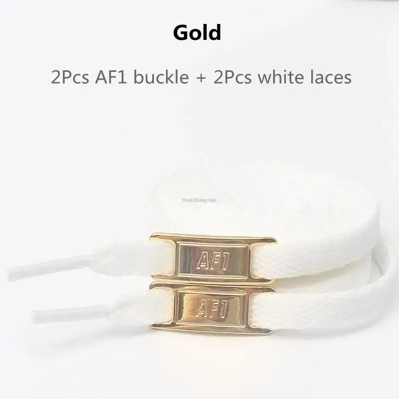 Air Force 1 lace set: white flat laces with gold AF1 buckles (2 pairs)