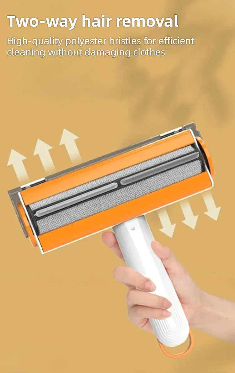 Simples Market two-way pet hair removal roller with orange body and white handle for cleaning clothes