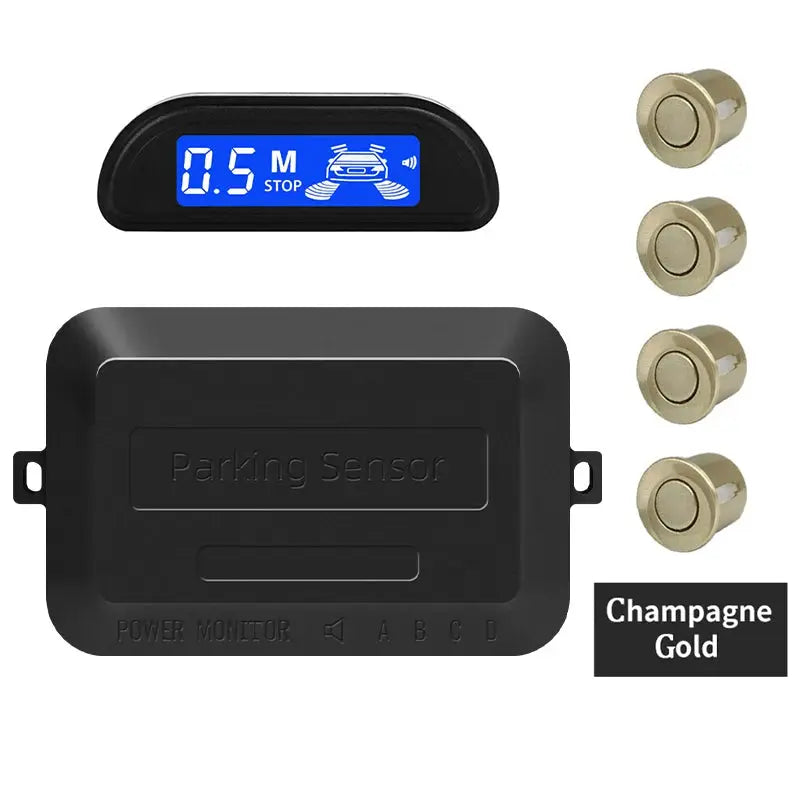 Hippcron car parking sensor kit with champagne gold 4-sensor set and blue backlit display by Simples Market