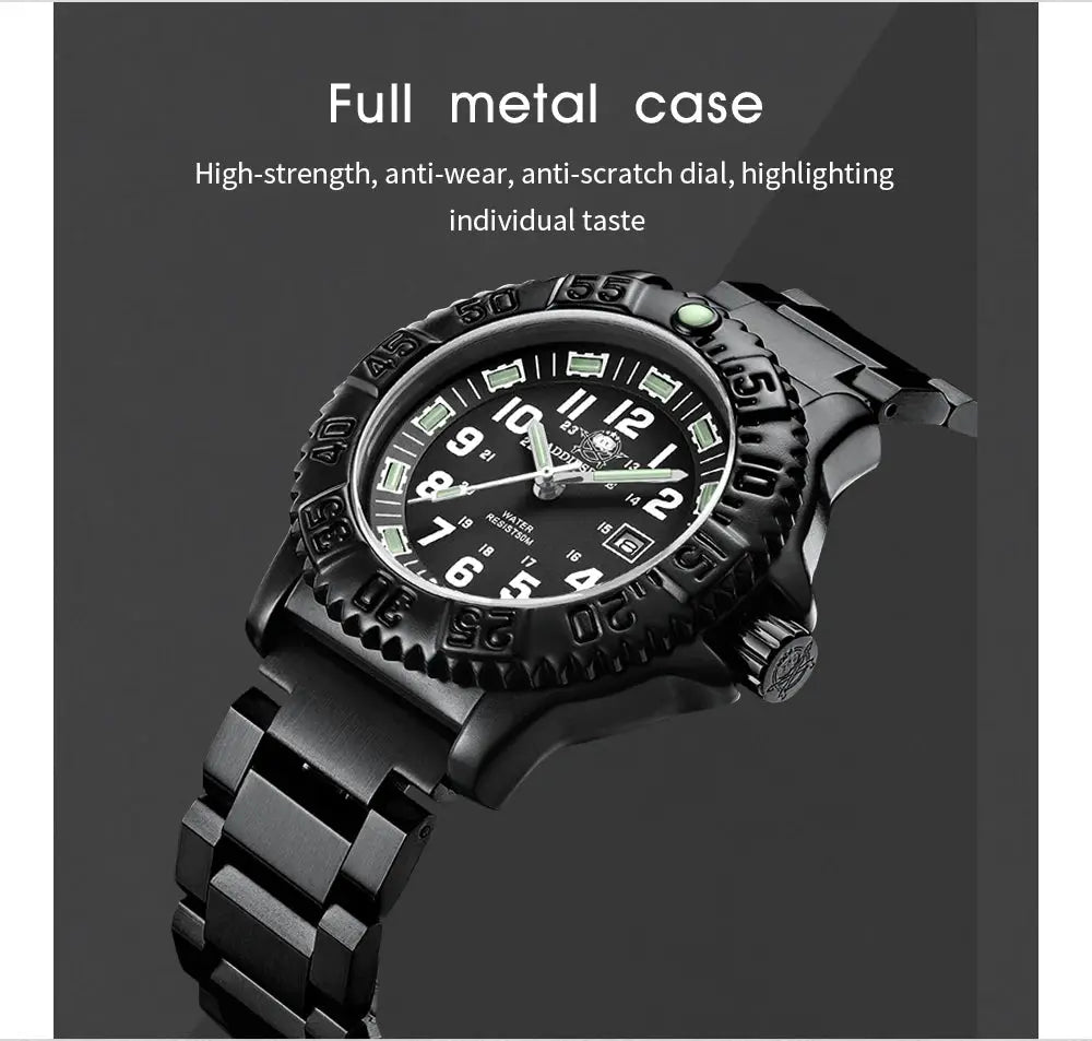 ADDIESDIVE men's quartz watch with stainless steel strap, black dial, luminous markers, 50m water resistant