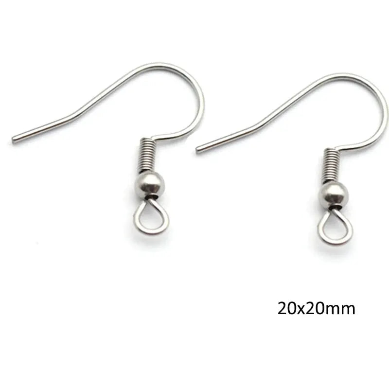 Two stainless steel earwire hooks with coil and small bottom loop, silver, 20x20mm