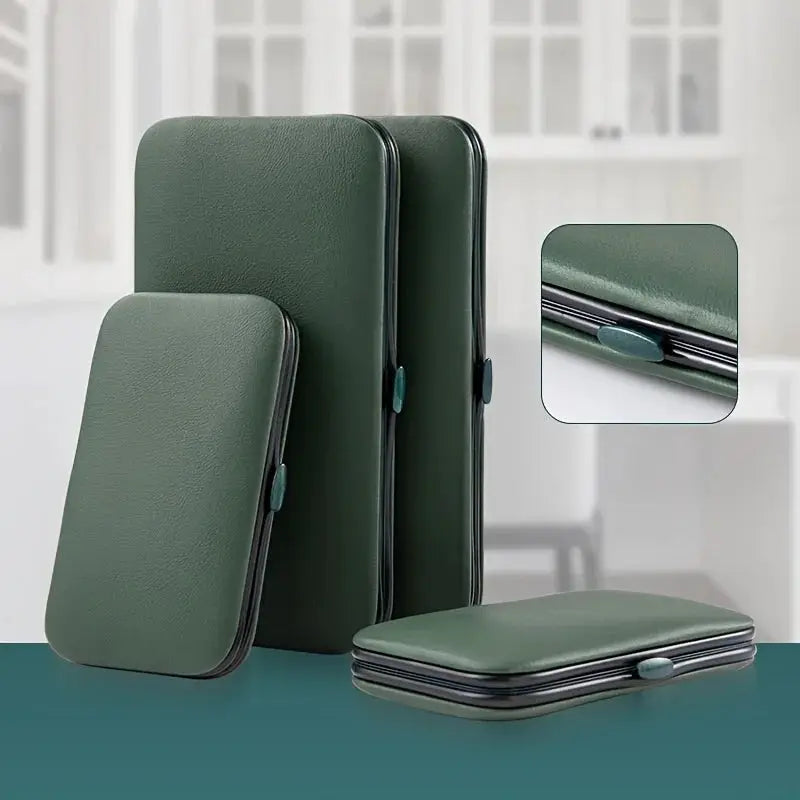 Simples Market green leather nail care kit with four travel cases in varying sizes