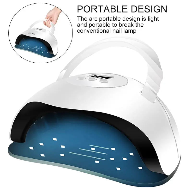LED nail lamp, portable white housing with blue interior and carrying handle