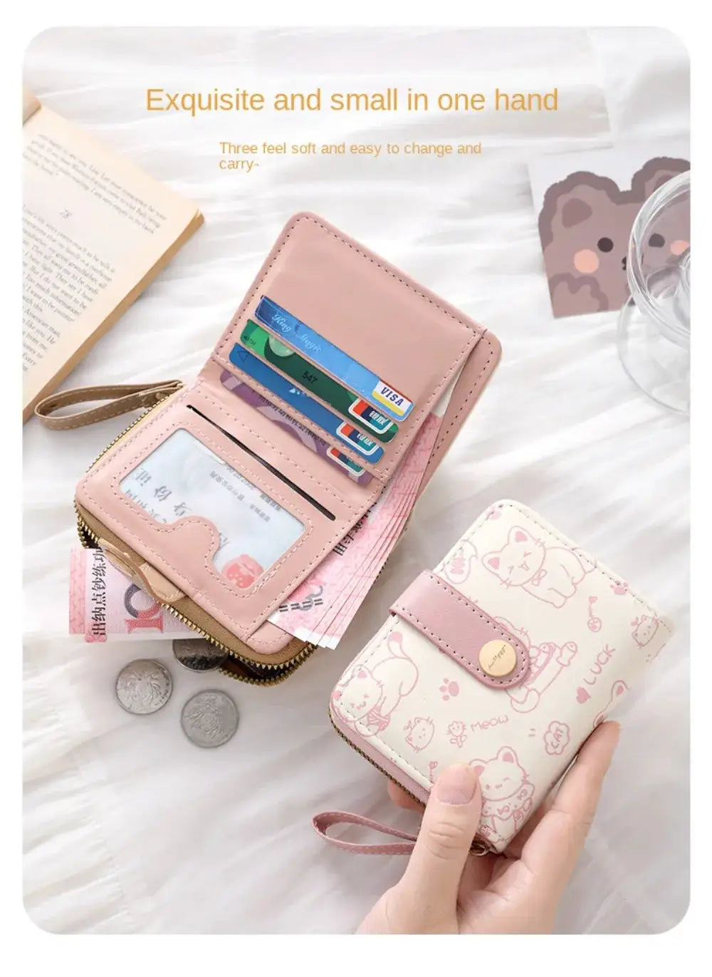 Cute cat coin purse and pink PU leather wallet 2-piece set with card slots and ID window by Simples Market