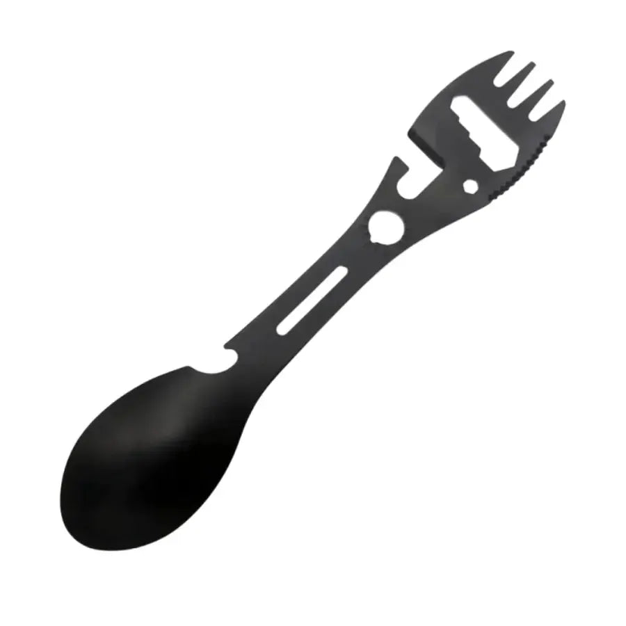 Simples Market outdoor fork-spoon multitool, black camping utensil with bottle opener.