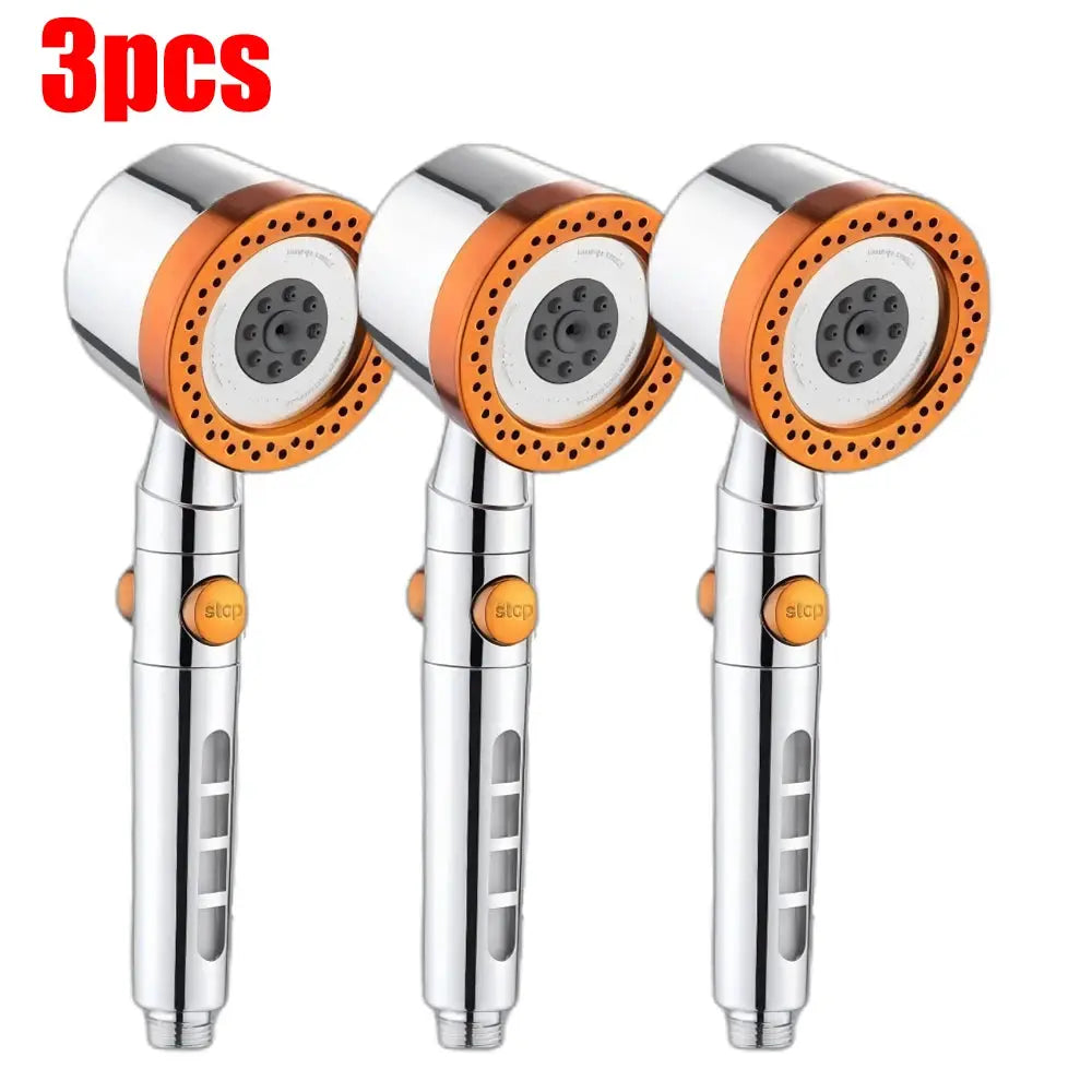 3pcs chrome handheld shower head set with orange ring and stop button