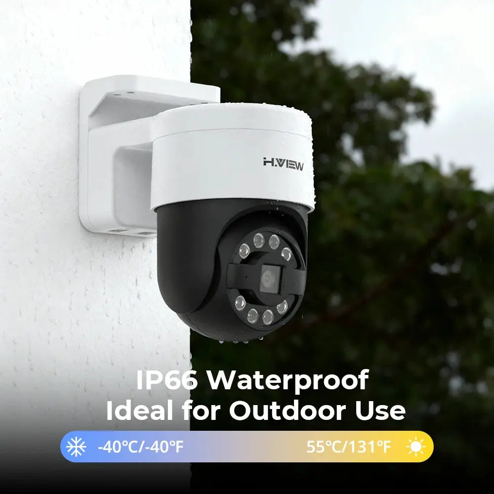H.VIEW outdoor security camera, white and black dome, wall-mounted with IR LEDs; IP66 waterproof.