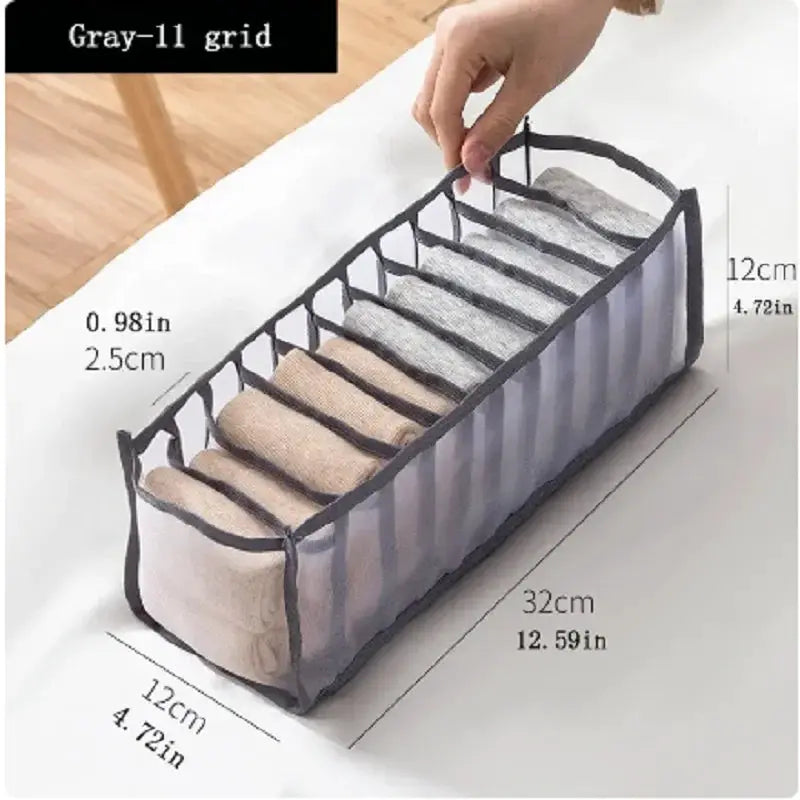 Simples Market 11-compartment collapsible underwear storage organizer in gray nylon mesh with a handle