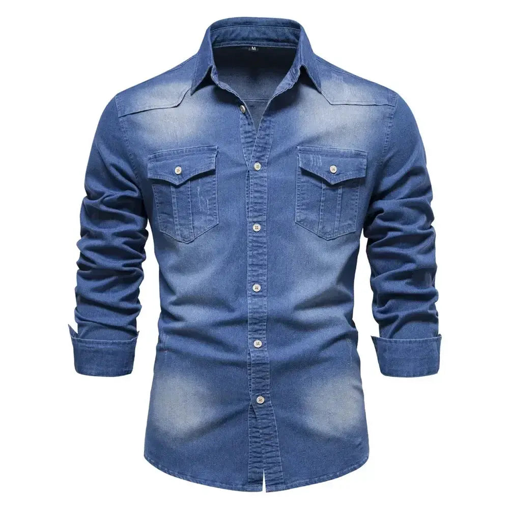 Men's denim shirt by AIOPESON from Simples Market, blue elastic cotton denim with long sleeves and two chest pockets