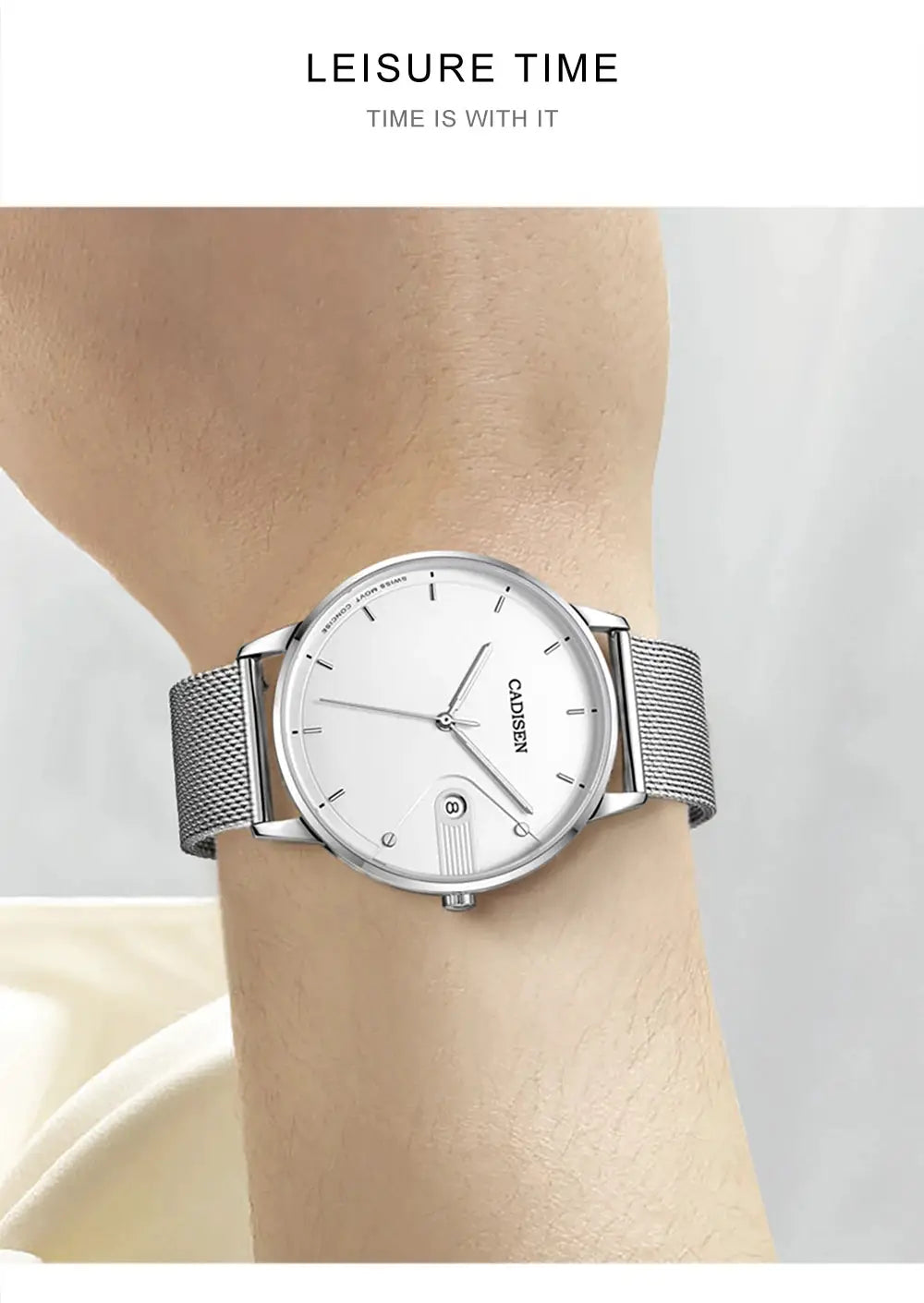 CADISEN Swiss Ronda 715 quartz watch with a white dial and stainless steel Milano mesh strap