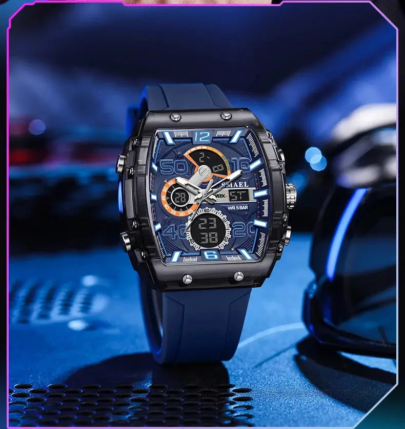 SMAEL 8109 men's square dual-display sport watch with blue dial, blue silicone strap, 50m water resistant