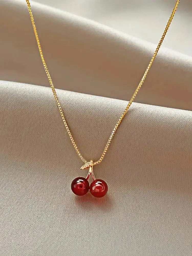 Wine Red Cherry Pendant Necklace For Women With Golden Chain Fashion Jewelry Party Wear Birthday Gift