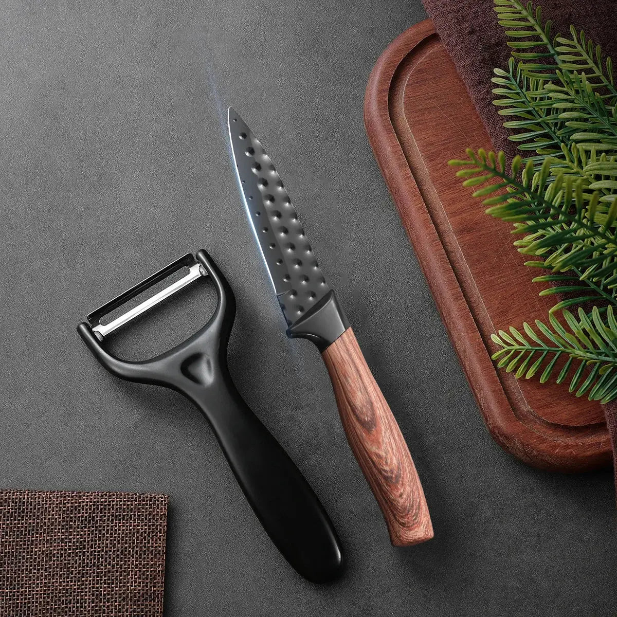 Stainless Steel Fruit Knife Paring Knife Two Piece Set With Non Stick Antibacterial Blades And Wood Grain Handles