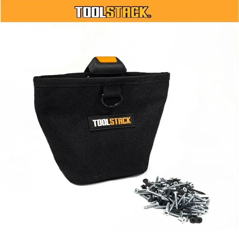 ToolStack black nail and screw pouch with quick-hanging waist bag; screws shown
