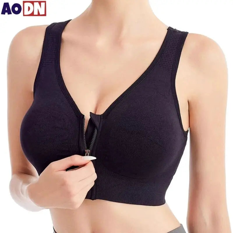 Black front-zip sports bra, seamless breathable bralette with wide straps; AO DN logo visible