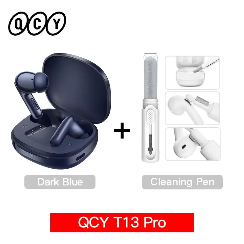 QCY T13 Pro wireless earbuds in dark blue with charging case and cleaning pen