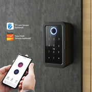 YRHAND TTLock Wifi smart lock with keypad and fingerprint scanner on wall; black metal housing; Simples Market app in hand