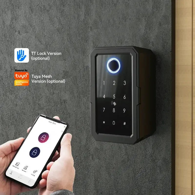 YRHAND TTLock Wifi smart lock with keypad and fingerprint scanner on wall; black metal housing; Simples Market app in hand