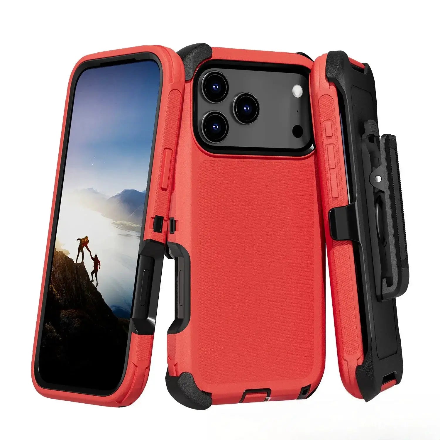 Simples Market rugged belt-clip phone case, red and black two-tone; heavy-duty armor shell for iPhone 17–13 Pro Max