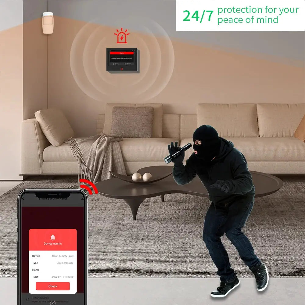 Staniot home alarm system wall-mounted black panel with smartphone alerts and a masked intruder in a living room