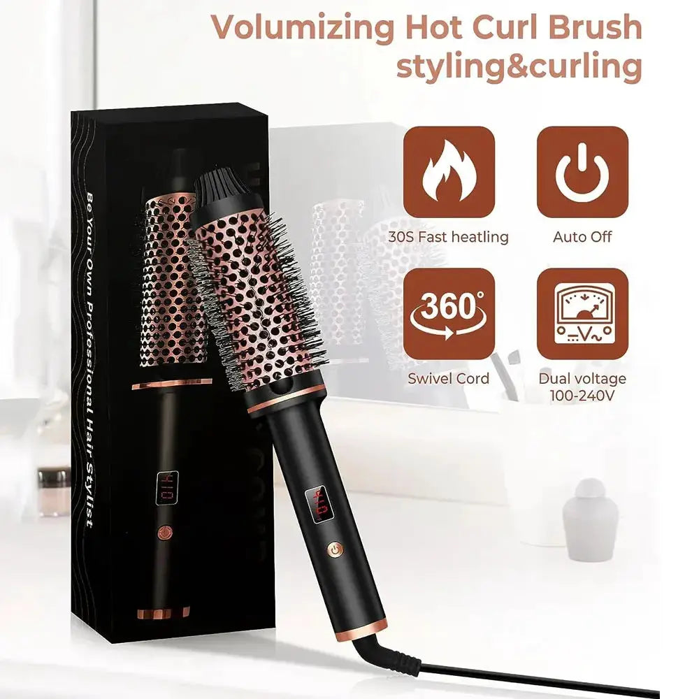 3-in-1 ionic hair curler and straightener with heated styling brush, black with rose-gold accents, 2-pack