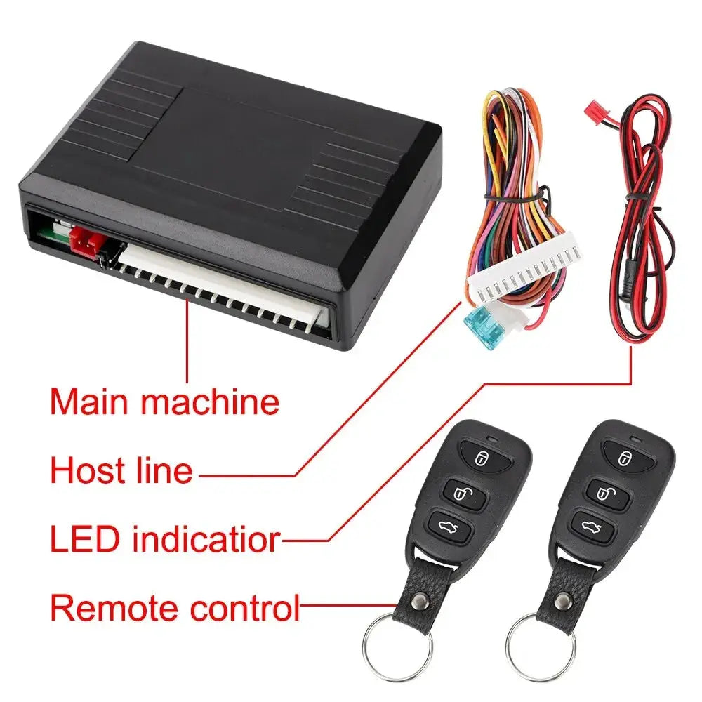 Car remote central door lock kit by Simples Market with main module, wiring, and two key fob remotes.