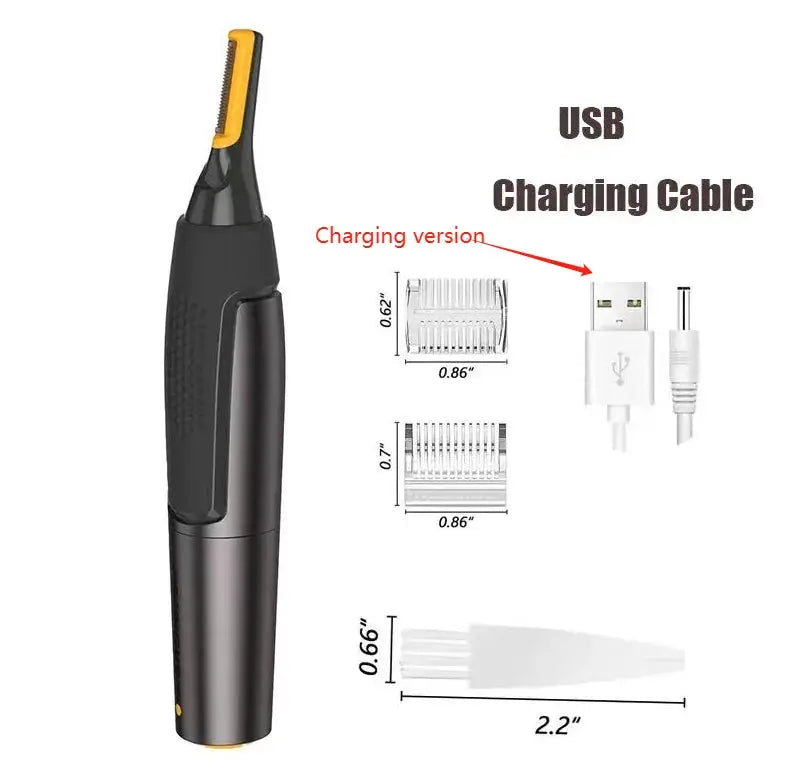 Nose Ear Face Trimmer by Simples Market, black body with yellow accents, USB charging cable and two comb attachments