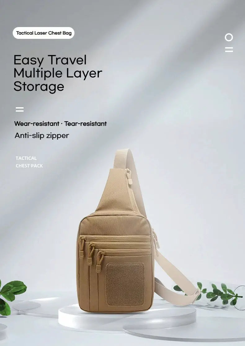 Simples Market tan tactical shoulder chest bag with multiple zip pockets and crossbody strap
