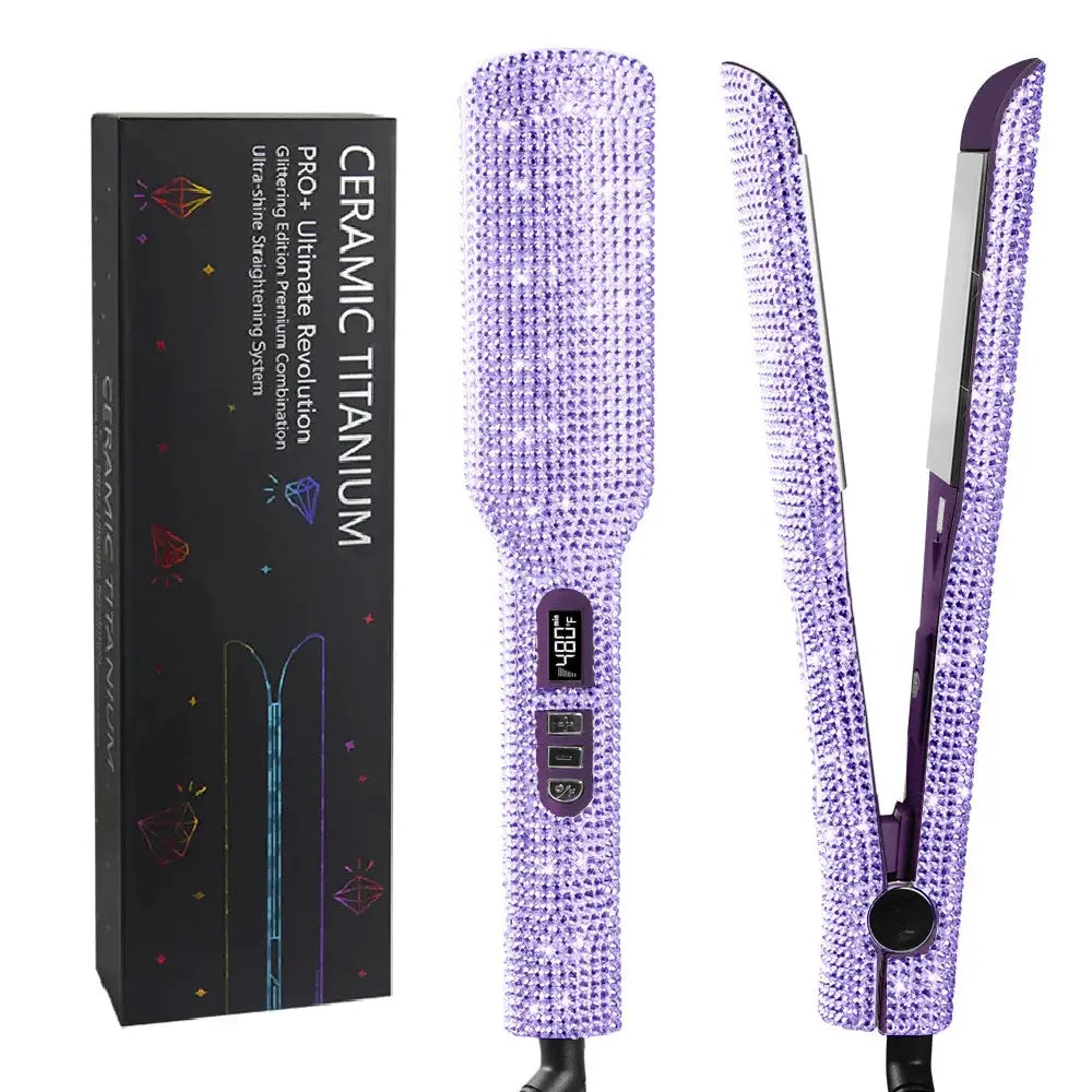 Rhinestone titanium flat iron hair straightener with purple finish, 2-inch plates, LCD display, dual voltage