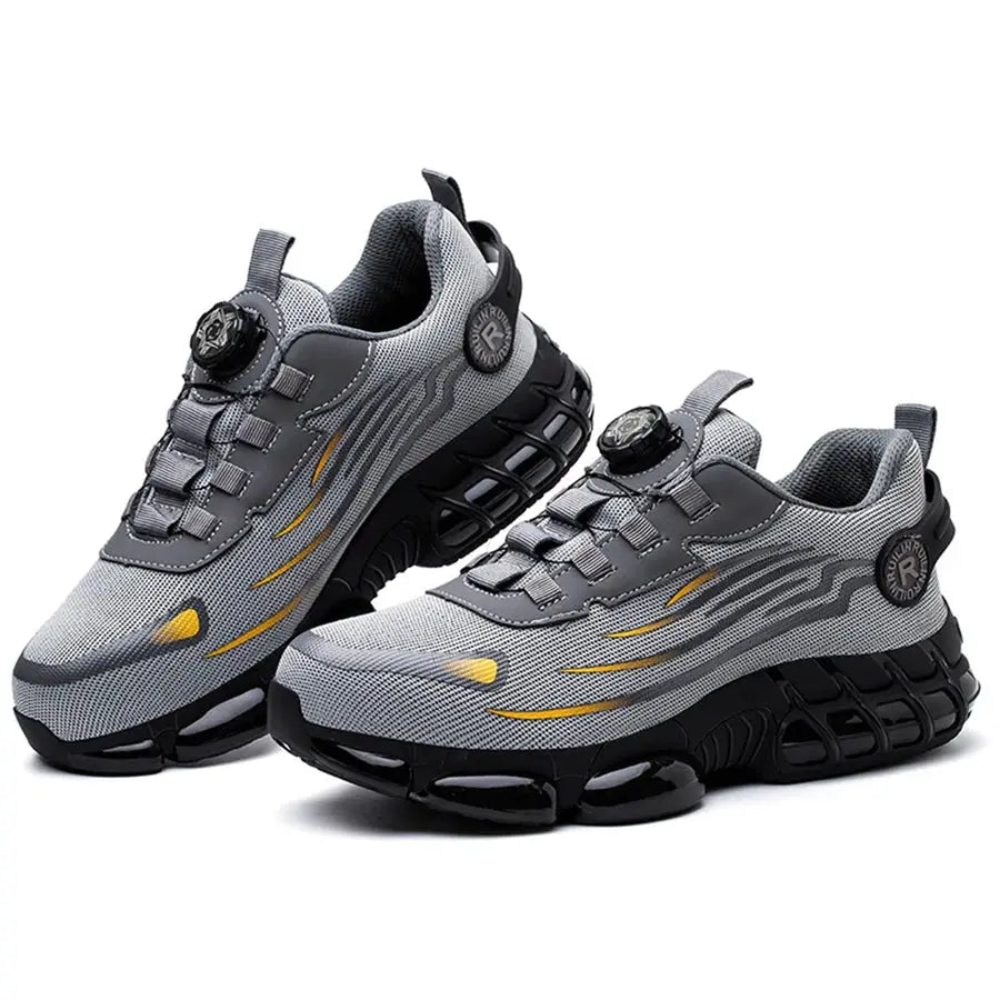 Simples Market steel-toe safety sneakers, grey and black, slip-resistant, durable pair of work shoes.