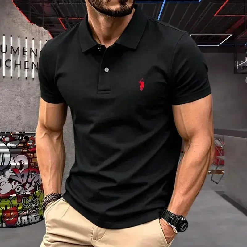 Men's black cotton polo shirt with short sleeves and red pony logo