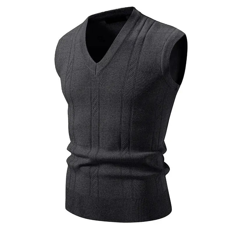 Men's sleeveless knit vest, gray with V-neck and twist-knit panels; ribbed hem