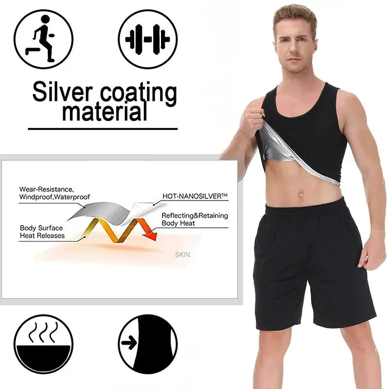 Pop Closets Sauna shirt for men by Simples Market, black sleeveless compression tee with silver coating