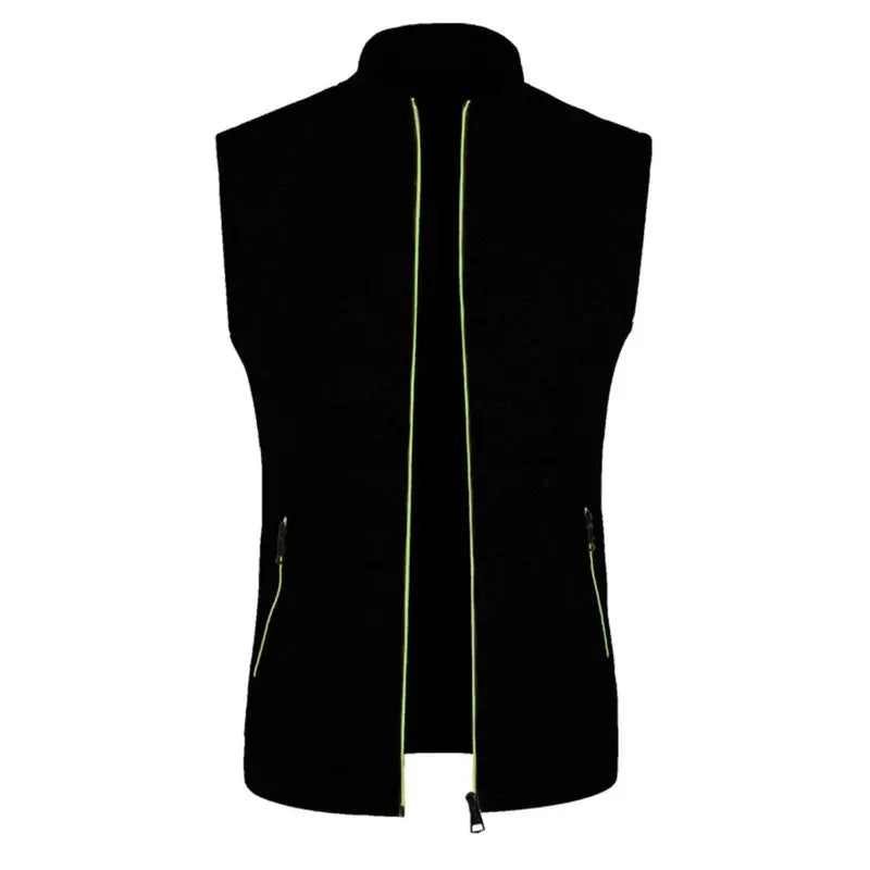Men's sleeveless zip vest in black with neon green zipper accents and stand collar, side pockets.