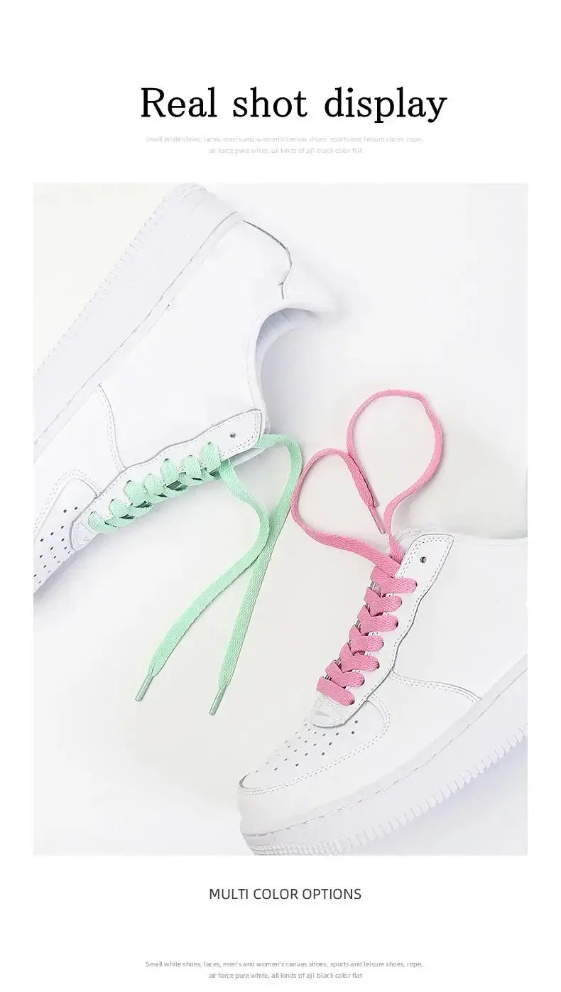 Flat shoelaces by Simples Market, 1 pair in mint green and pink color options for white sneakers