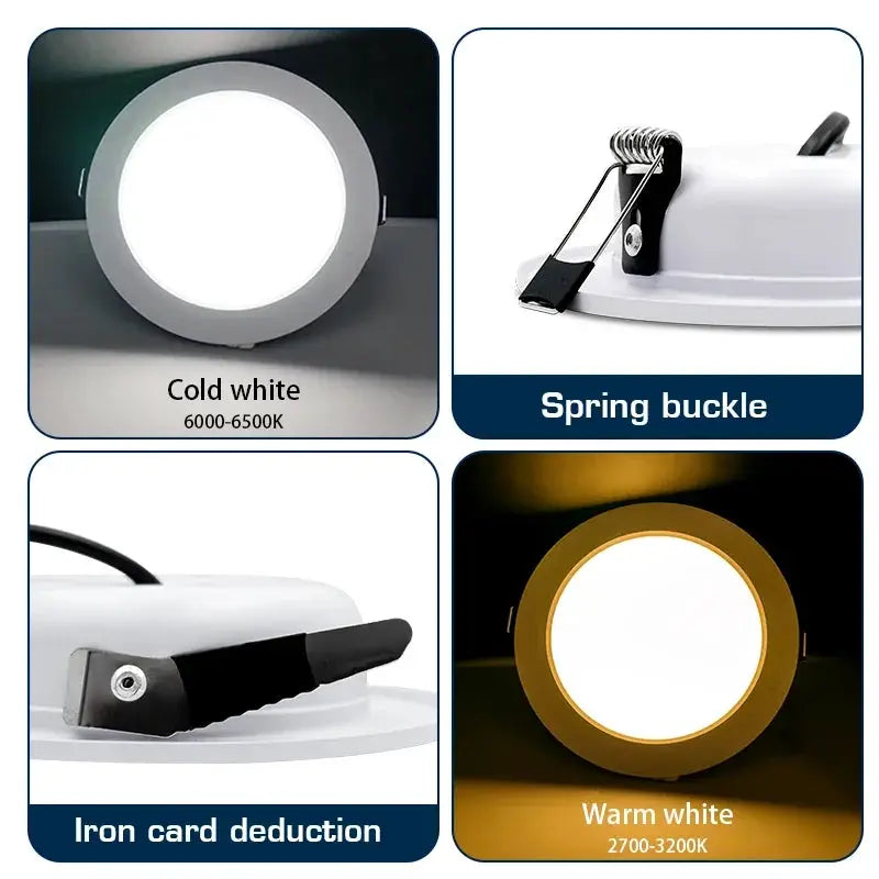 LED recessed round downlight with cold white 6000–6500K and warm white 2700–3200K, spring clamp mounting.