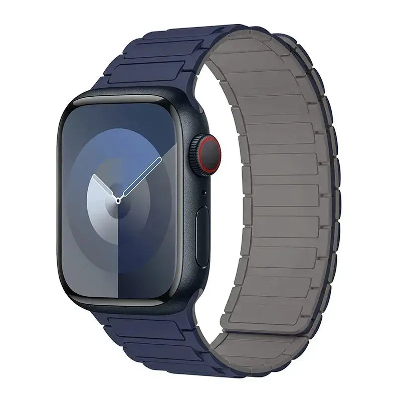 Magnetic Loop silicone watch band for Apple Watch; navy blue exterior with gray underside, fits 38–49mm models.