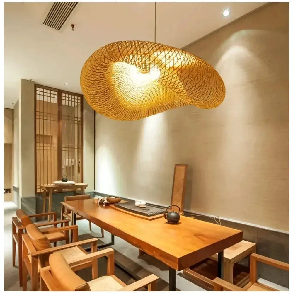 Bamboo weaving LED pendant light by Simples Market, handmade natural bamboo chandelier for dining room